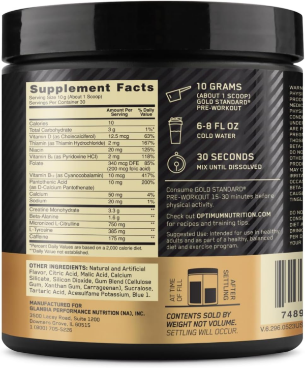 Gold Standard Pre-Workout, Vitamin D for Immune Support, with Creatine, Beta-Alanine, and Caffeine for Energy, Keto Friendly, Watermelon Candy, 30 Servings (Packaging May Vary) - Image 3